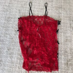 Red lace lingerie with side bow ties